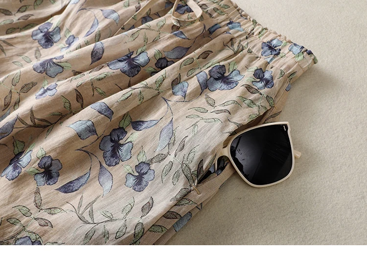 Cotton and Linen Print Ethnic Style Skirt Women's Summer New Korean Style High Waist Loose Elegant Casual Lace-Up A- Line Skirt