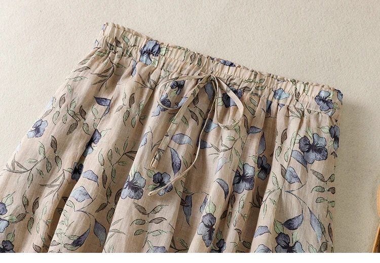 Cotton and Linen Print Ethnic Style Skirt Women's Summer New Korean Style High Waist Loose Elegant Casual Lace-Up A- Line Skirt