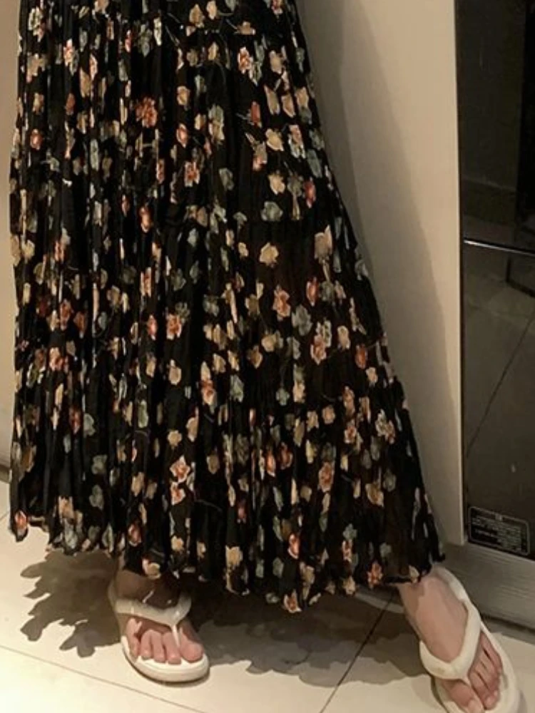OCEANLOVE Chiffon Long Skirts Spring Summer Print Floral French Style Vintage Sweet Women Skirt Fashion Elegant Faldas Mujer