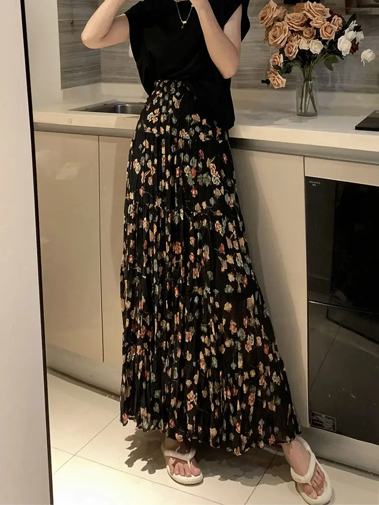 OCEANLOVE Chiffon Long Skirts Spring Summer Print Floral French Style Vintage Sweet Women Skirt Fashion Elegant Faldas Mujer