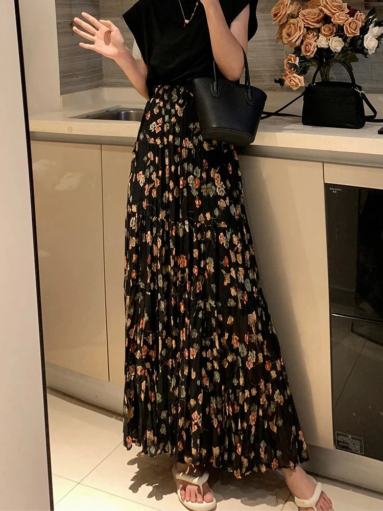 OCEANLOVE Chiffon Long Skirts Spring Summer Print Floral French Style Vintage Sweet Women Skirt Fashion Elegant Faldas Mujer