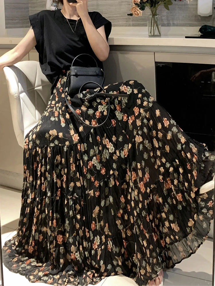 OCEANLOVE Chiffon Long Skirts Spring Summer Print Floral French Style Vintage Sweet Women Skirt Fashion Elegant Faldas Mujer