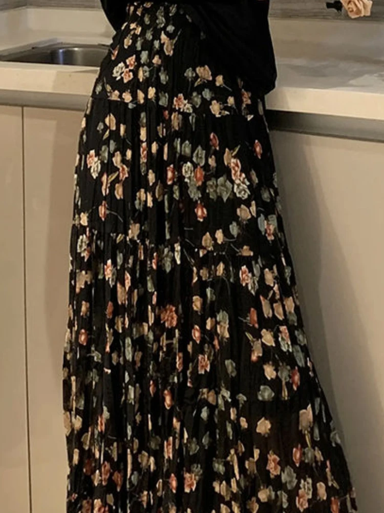 OCEANLOVE Chiffon Long Skirts Spring Summer Print Floral French Style Vintage Sweet Women Skirt Fashion Elegant Faldas Mujer