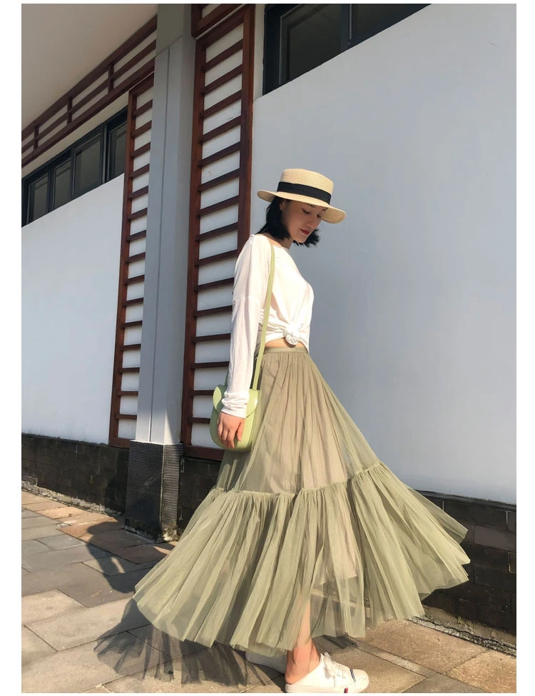 Vintage Gothic Black White Pleated Long Tulle Skirt Tutu Femme High Waist holiday Runway Mesh Skirts Womens 2025 Jupe Casual