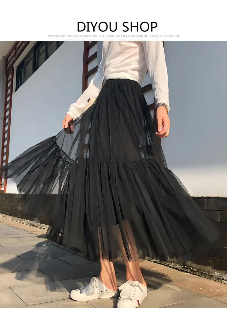 Vintage Gothic Black White Pleated Long Tulle Skirt Tutu Femme High Waist holiday Runway Mesh Skirts Womens 2025 Jupe Casual