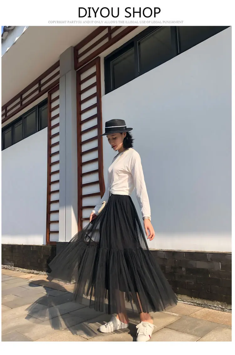 Vintage Gothic Black White Pleated Long Tulle Skirt Tutu Femme High Waist holiday Runway Mesh Skirts Womens 2025 Jupe Casual