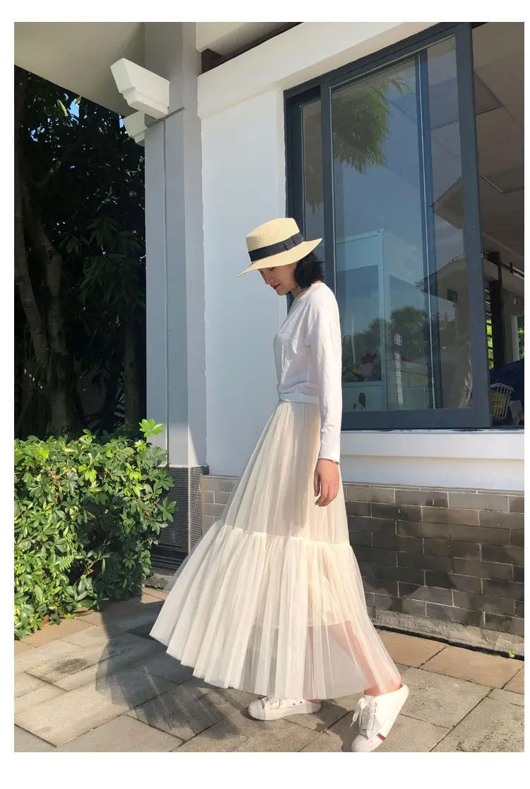 Vintage Gothic Black White Pleated Long Tulle Skirt Tutu Femme High Waist holiday Runway Mesh Skirts Womens 2025 Jupe Casual