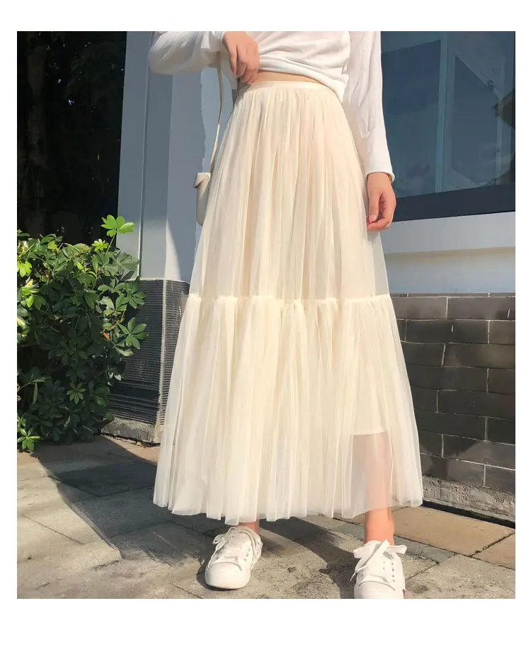 Vintage Gothic Black White Pleated Long Tulle Skirt Tutu Femme High Waist holiday Runway Mesh Skirts Womens 2025 Jupe Casual