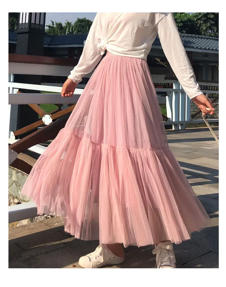 Vintage Gothic Black White Pleated Long Tulle Skirt Tutu Femme High Waist holiday Runway Mesh Skirts Womens 2025 Jupe Casual
