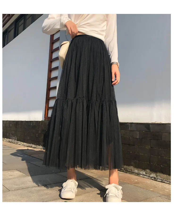Vintage Gothic Black White Pleated Long Tulle Skirt Tutu Femme High Waist holiday Runway Mesh Skirts Womens 2025 Jupe Casual