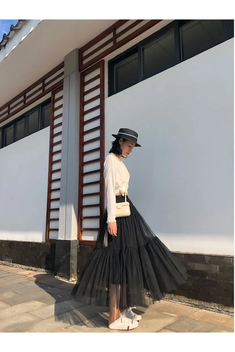 Vintage Gothic Black White Pleated Long Tulle Skirt Tutu Femme High Waist holiday Runway Mesh Skirts Womens 2025 Jupe Casual