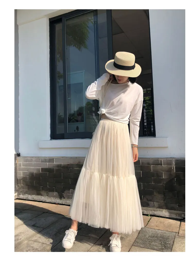 Vintage Gothic Black White Pleated Long Tulle Skirt Tutu Femme High Waist holiday Runway Mesh Skirts Womens 2025 Jupe Casual