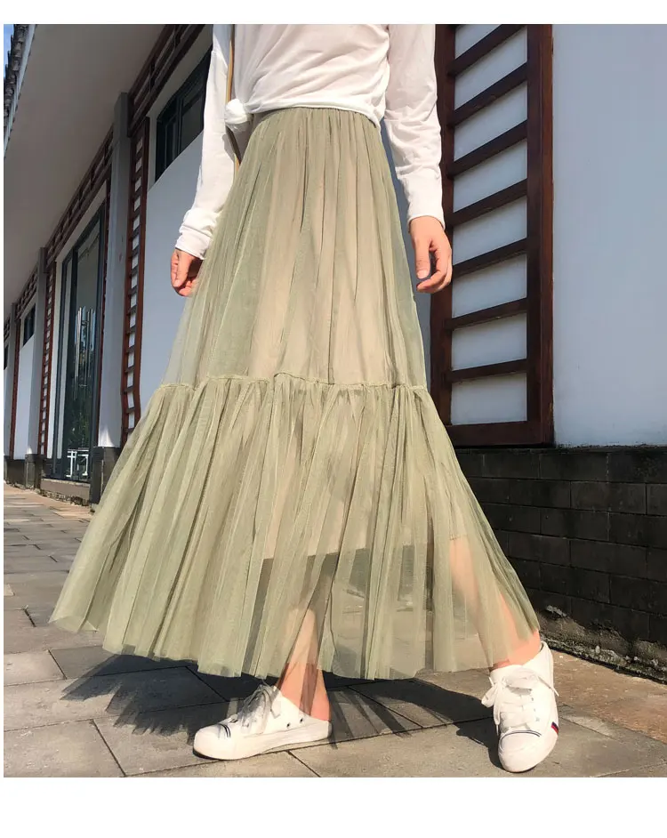 Vintage Gothic Black White Pleated Long Tulle Skirt Tutu Femme High Waist holiday Runway Mesh Skirts Womens 2025 Jupe Casual