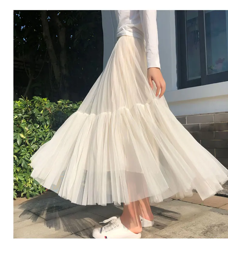 Vintage Gothic Black White Pleated Long Tulle Skirt Tutu Femme High Waist holiday Runway Mesh Skirts Womens 2025 Jupe Casual