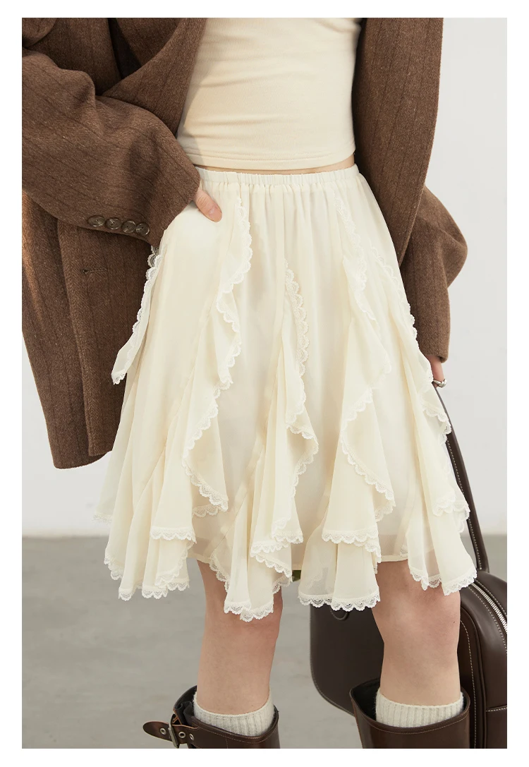 CHIC VEN Korean Women Skirts A Line Loose Casual New High Waist Irregular Lace Half Length Female Skirt Spring Summer 2025