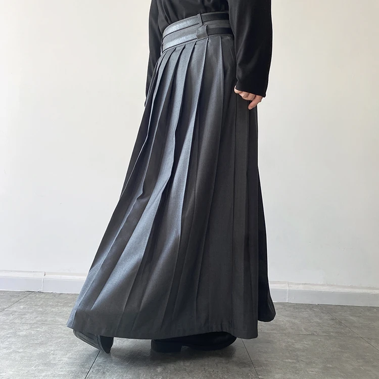 Men Fashion Hip Hop Pleated Skirt With Belt Gothic Vinatge Black Pantskirt Harajuku Casual Long Skirts For Women