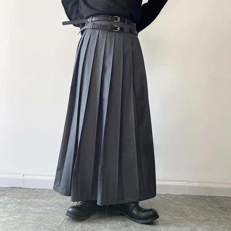 Men Fashion Hip Hop Pleated Skirt With Belt Gothic Vinatge Black Pantskirt Harajuku Casual Long Skirts For Women