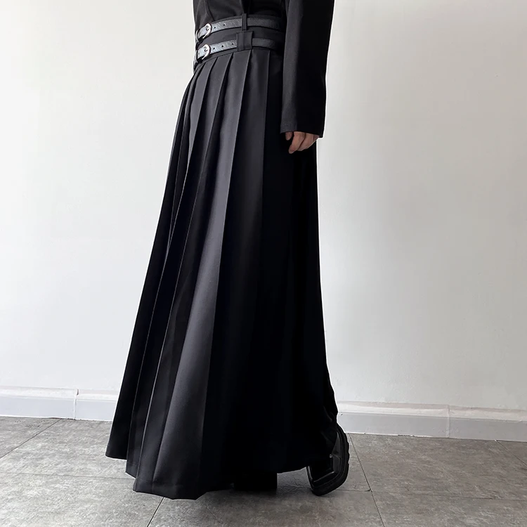 Men Fashion Hip Hop Pleated Skirt With Belt Gothic Vinatge Black Pantskirt Harajuku Casual Long Skirts For Women