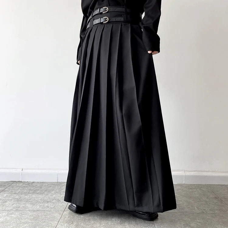 Men Fashion Hip Hop Pleated Skirt With Belt Gothic Vinatge Black Pantskirt Harajuku Casual Long Skirts For Women