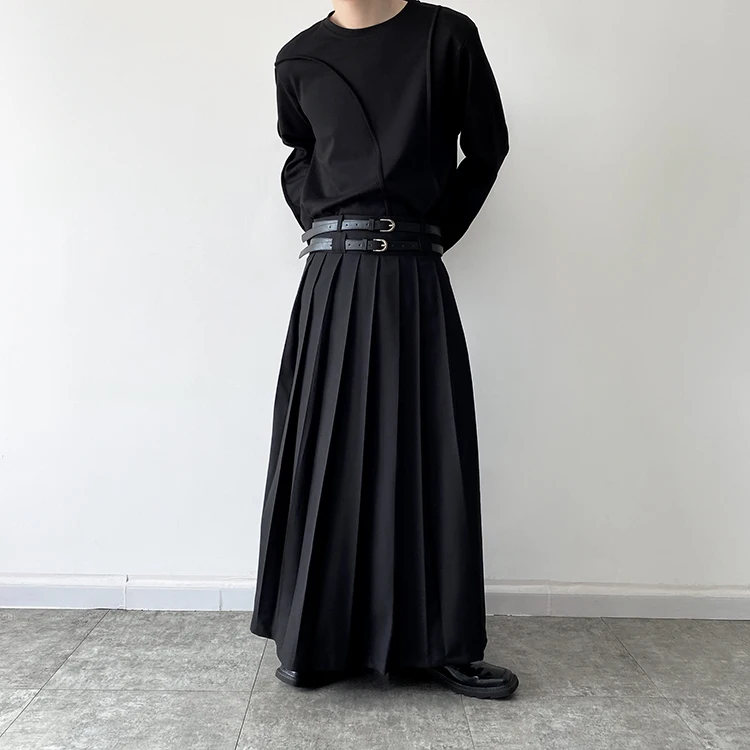 Men Fashion Hip Hop Pleated Skirt With Belt Gothic Vinatge Black Pantskirt Harajuku Casual Long Skirts For Women