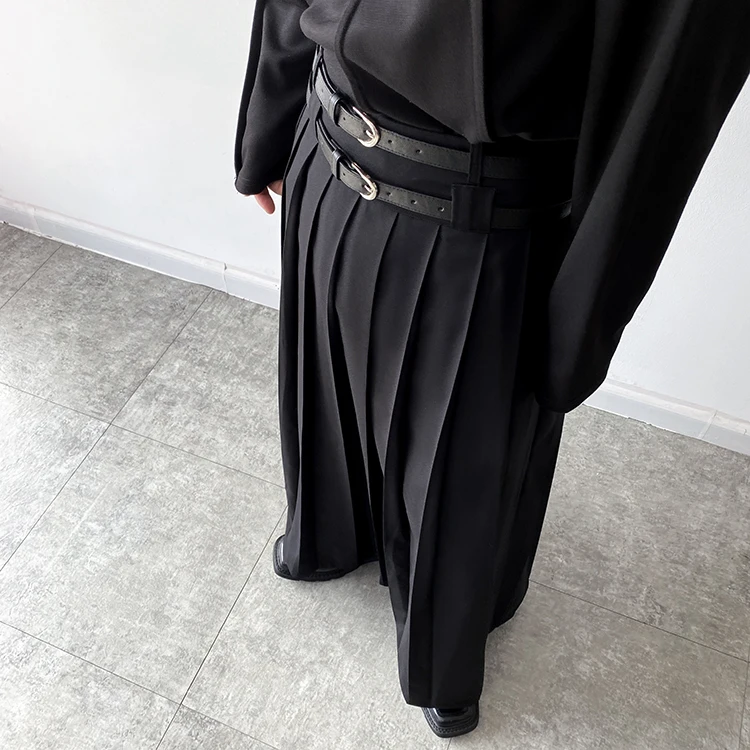 Men Fashion Hip Hop Pleated Skirt With Belt Gothic Vinatge Black Pantskirt Harajuku Casual Long Skirts For Women