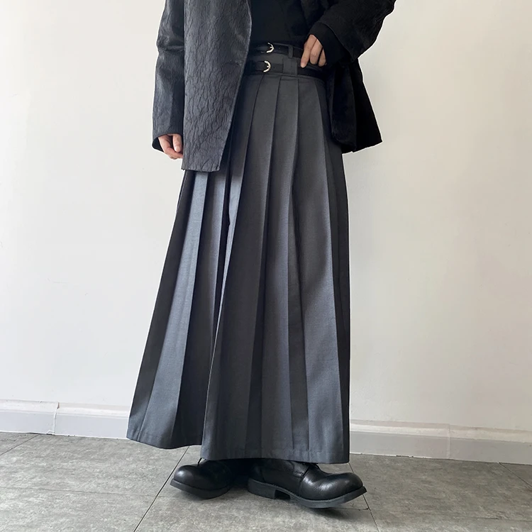 Men Fashion Hip Hop Pleated Skirt With Belt Gothic Vinatge Black Pantskirt Harajuku Casual Long Skirts For Women