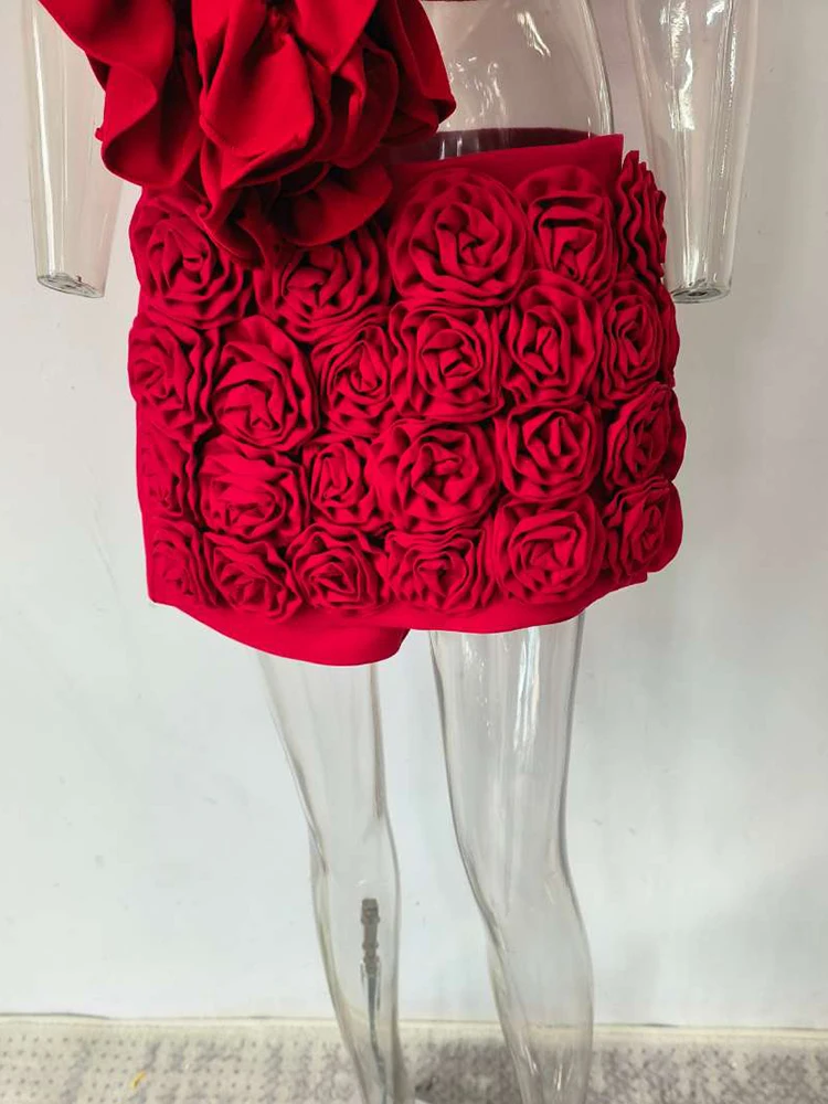 DEAT Trendy Fashion Women's 3D Flower Mini Skirts 2026 Spring New Items High Waist Wrap Hip Solid Color Skirt Female 11XX8807