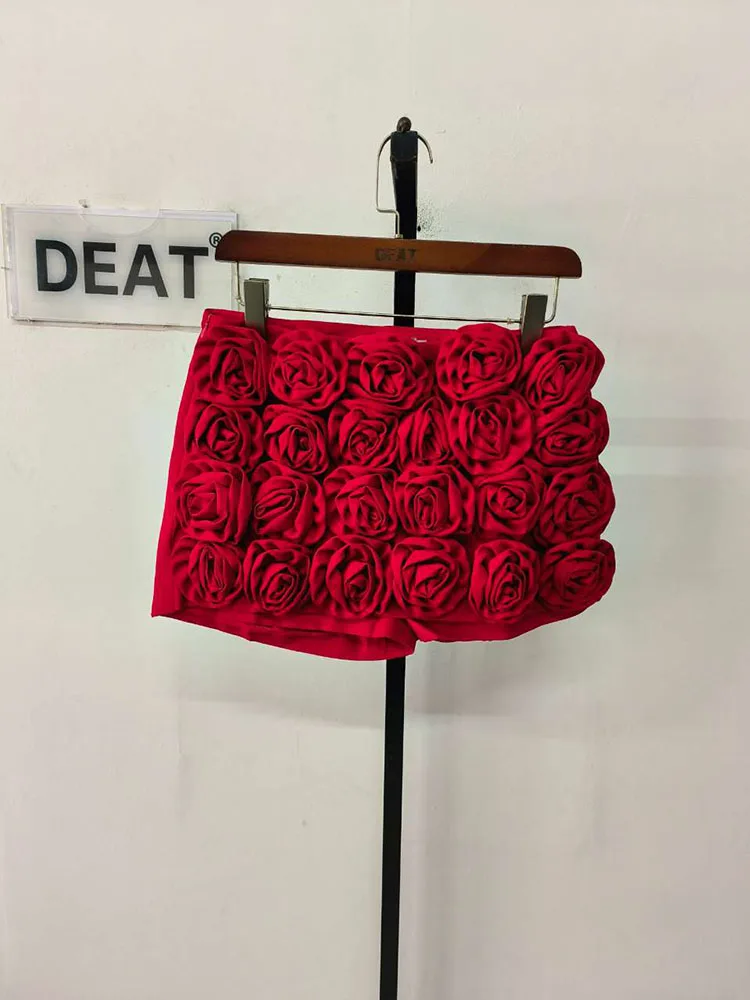 DEAT Trendy Fashion Women's 3D Flower Mini Skirts 2026 Spring New Items High Waist Wrap Hip Solid Color Skirt Female 11XX8807