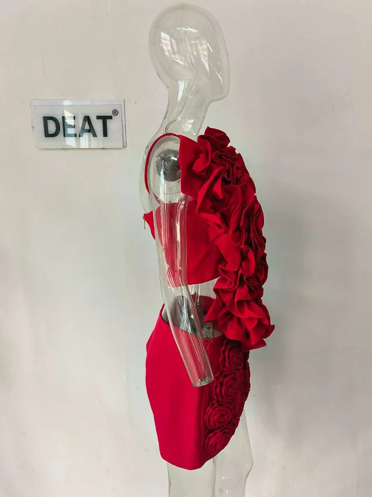 DEAT Trendy Fashion Women's 3D Flower Mini Skirts 2026 Spring New Items High Waist Wrap Hip Solid Color Skirt Female 11XX8807