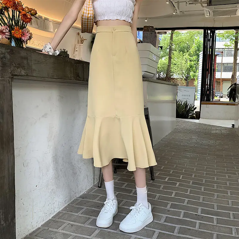 2025 New Summer Ruffled Formal Skirts Women Fashion Elegant High Waist Black White Long Mermaid Skirt Female