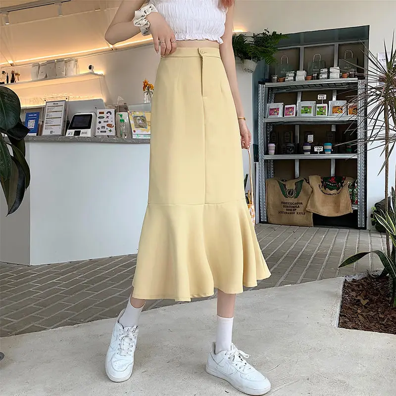 2025 New Summer Ruffled Formal Skirts Women Fashion Elegant High Waist Black White Long Mermaid Skirt Female