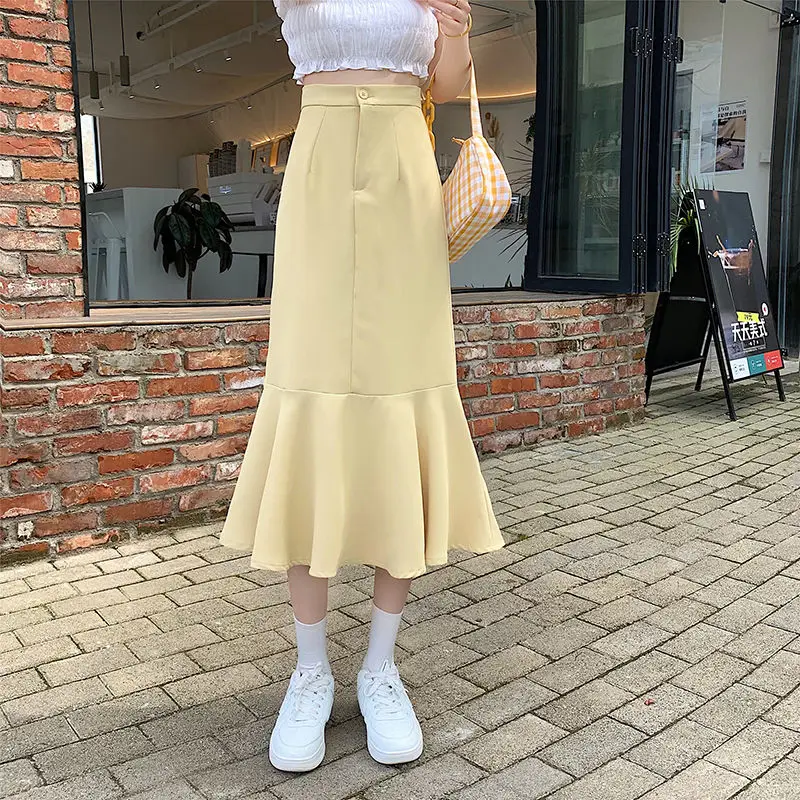 2025 New Summer Ruffled Formal Skirts Women Fashion Elegant High Waist Black White Long Mermaid Skirt Female