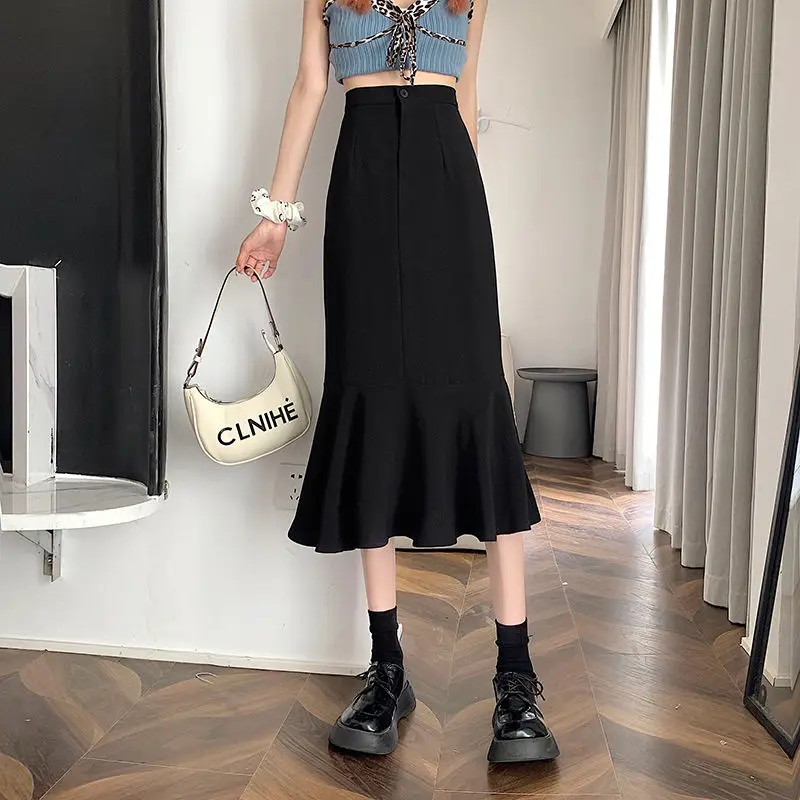 2025 New Summer Ruffled Formal Skirts Women Fashion Elegant High Waist Black White Long Mermaid Skirt Female