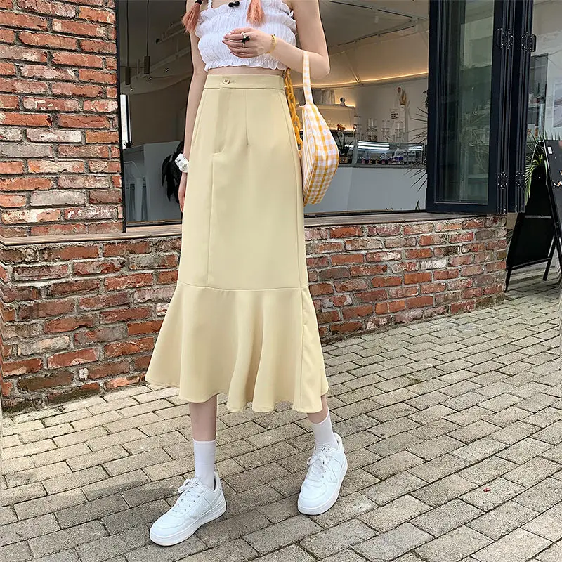 2025 New Summer Ruffled Formal Skirts Women Fashion Elegant High Waist Black White Long Mermaid Skirt Female