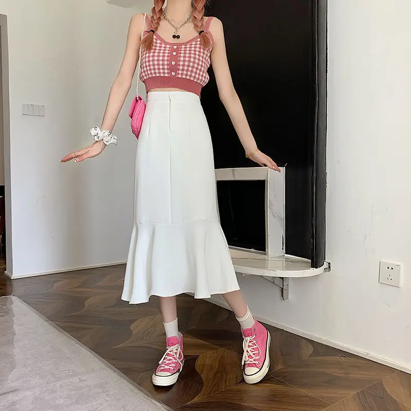 2025 New Summer Ruffled Formal Skirts Women Fashion Elegant High Waist Black White Long Mermaid Skirt Female