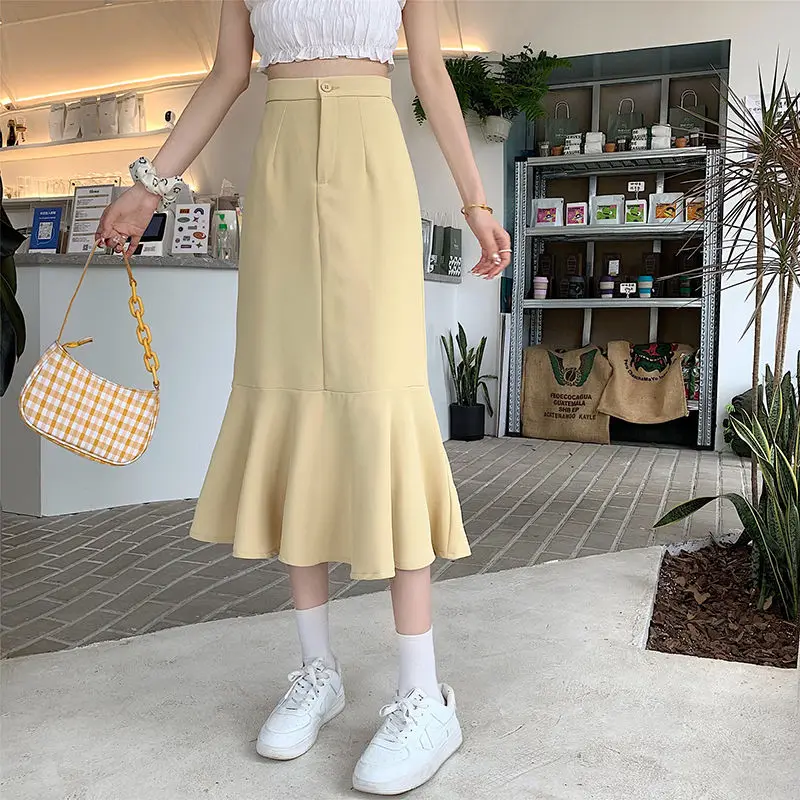 2025 New Summer Ruffled Formal Skirts Women Fashion Elegant High Waist Black White Long Mermaid Skirt Female