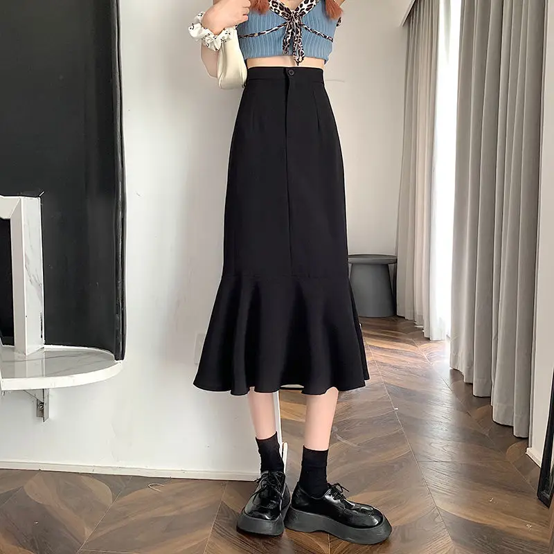 2025 New Summer Ruffled Formal Skirts Women Fashion Elegant High Waist Black White Long Mermaid Skirt Female