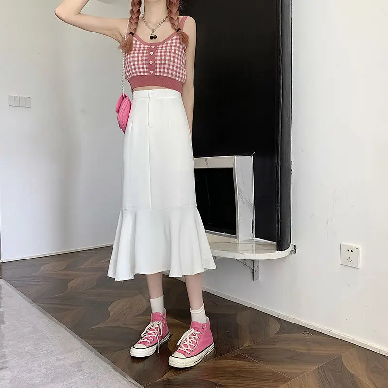 2025 New Summer Ruffled Formal Skirts Women Fashion Elegant High Waist Black White Long Mermaid Skirt Female