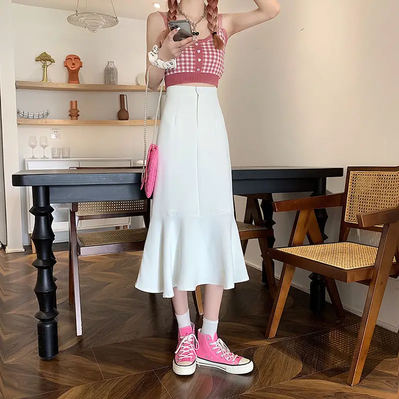 2025 New Summer Ruffled Formal Skirts Women Fashion Elegant High Waist Black White Long Mermaid Skirt Female