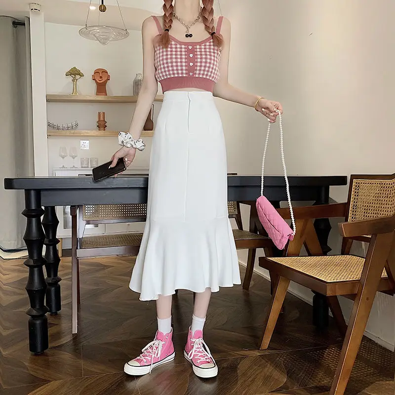 2025 New Summer Ruffled Formal Skirts Women Fashion Elegant High Waist Black White Long Mermaid Skirt Female
