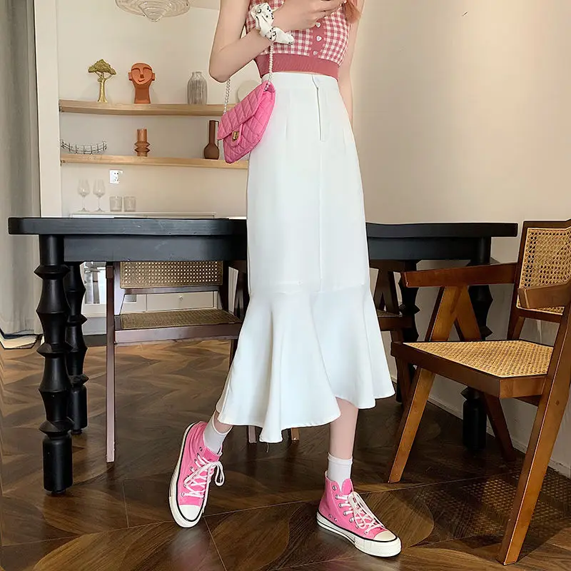 2025 New Summer Ruffled Formal Skirts Women Fashion Elegant High Waist Black White Long Mermaid Skirt Female