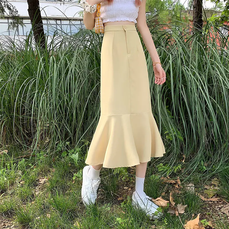 2025 New Summer Ruffled Formal Skirts Women Fashion Elegant High Waist Black White Long Mermaid Skirt Female