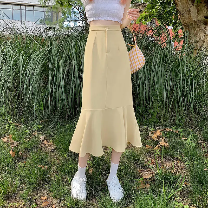 2025 New Summer Ruffled Formal Skirts Women Fashion Elegant High Waist Black White Long Mermaid Skirt Female