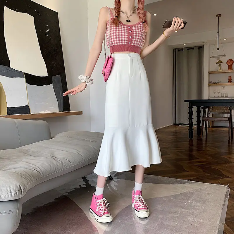 2025 New Summer Ruffled Formal Skirts Women Fashion Elegant High Waist Black White Long Mermaid Skirt Female