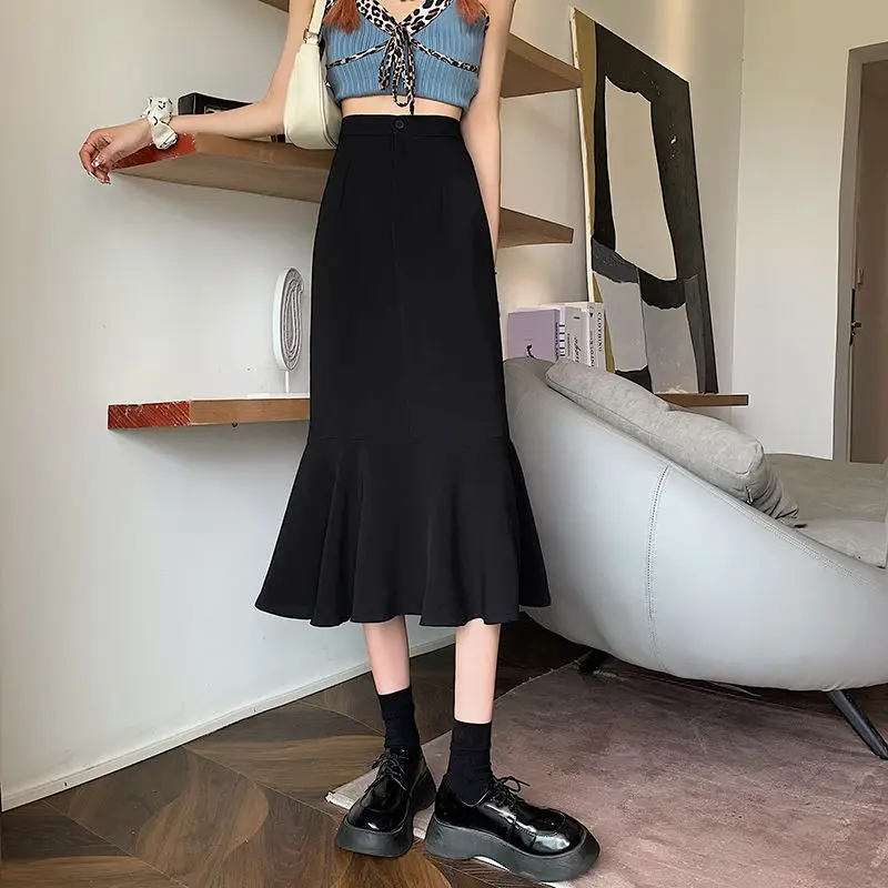2025 New Summer Ruffled Formal Skirts Women Fashion Elegant High Waist Black White Long Mermaid Skirt Female