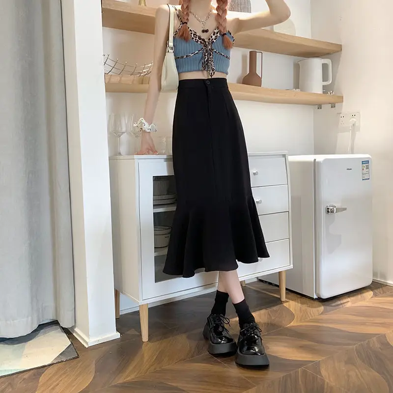 2025 New Summer Ruffled Formal Skirts Women Fashion Elegant High Waist Black White Long Mermaid Skirt Female