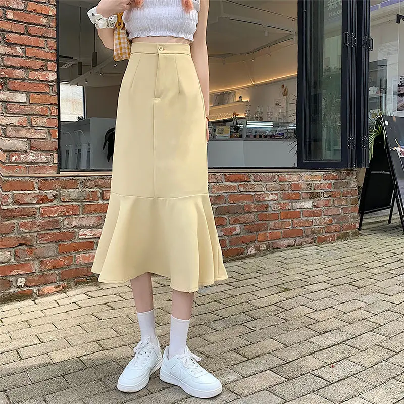 2025 New Summer Ruffled Formal Skirts Women Fashion Elegant High Waist Black White Long Mermaid Skirt Female