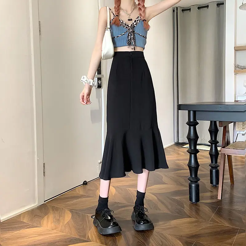 2025 New Summer Ruffled Formal Skirts Women Fashion Elegant High Waist Black White Long Mermaid Skirt Female