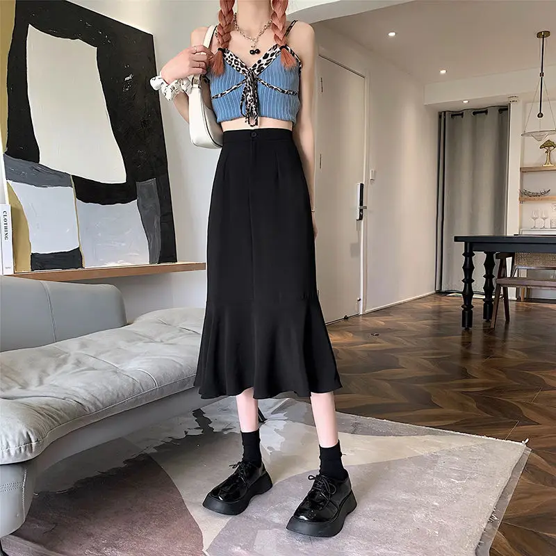 2025 New Summer Ruffled Formal Skirts Women Fashion Elegant High Waist Black White Long Mermaid Skirt Female