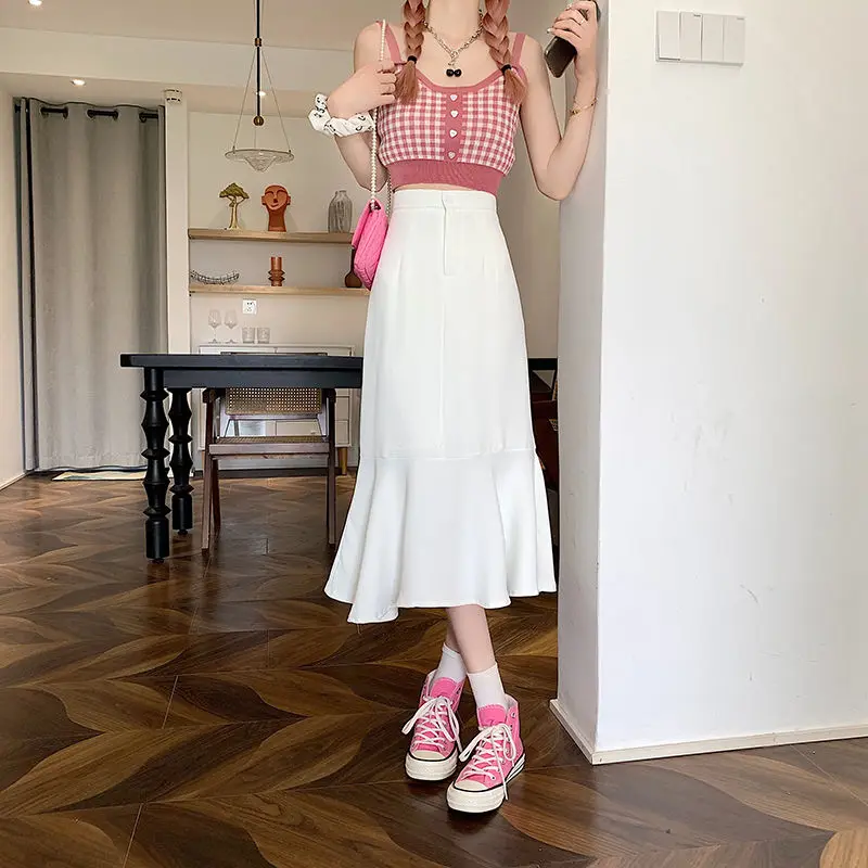 2025 New Summer Ruffled Formal Skirts Women Fashion Elegant High Waist Black White Long Mermaid Skirt Female